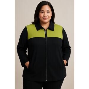 Neiman Marcus Exclusive Jacket 1X Black Green Colorblock Zip Cotton USA